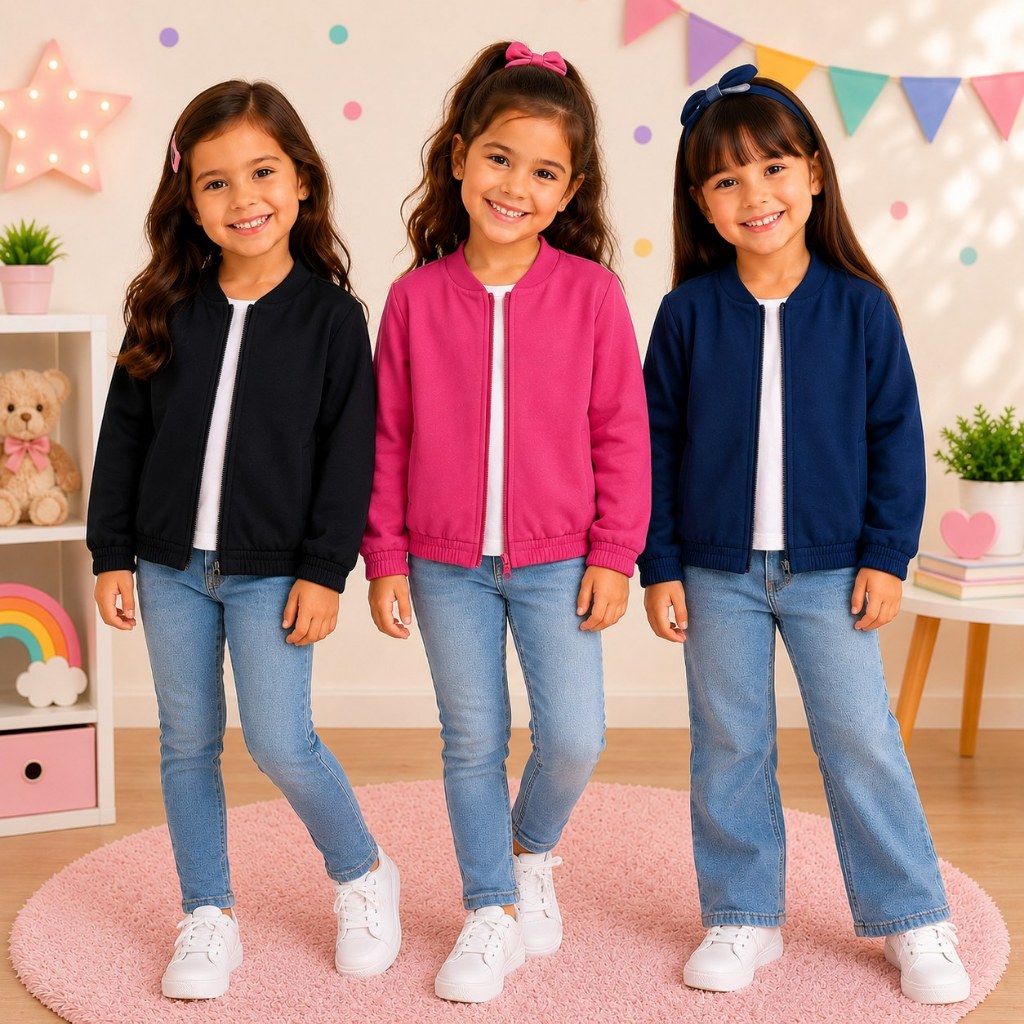 Kit 3 Jaquetas Infantil e Juvenil Feminina de Moletom 100% Algodão com Zíper | Casaco de Frio Confortável
