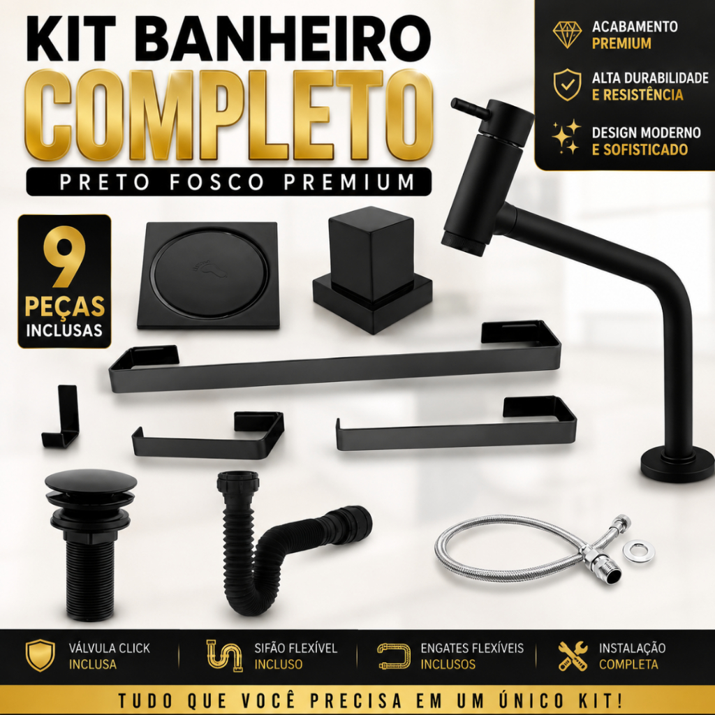 Kit Acessórios De Banheiro Preto+Torneira Bancada+Ralo Click+Valvula Click+Sifao+Engate+Acabamento Registro