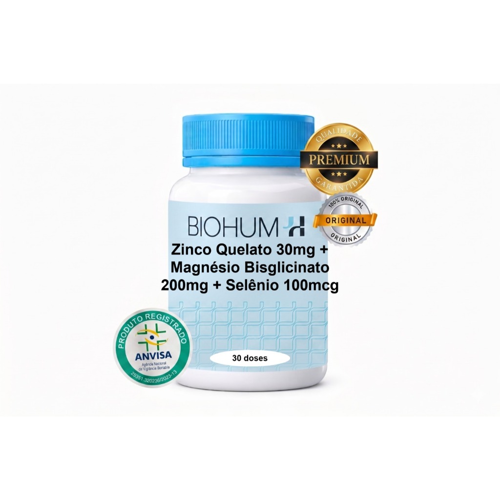 Zinco Quelato 30mg + Magnésio Bisglicinato 200mg + Selênio 100mcg