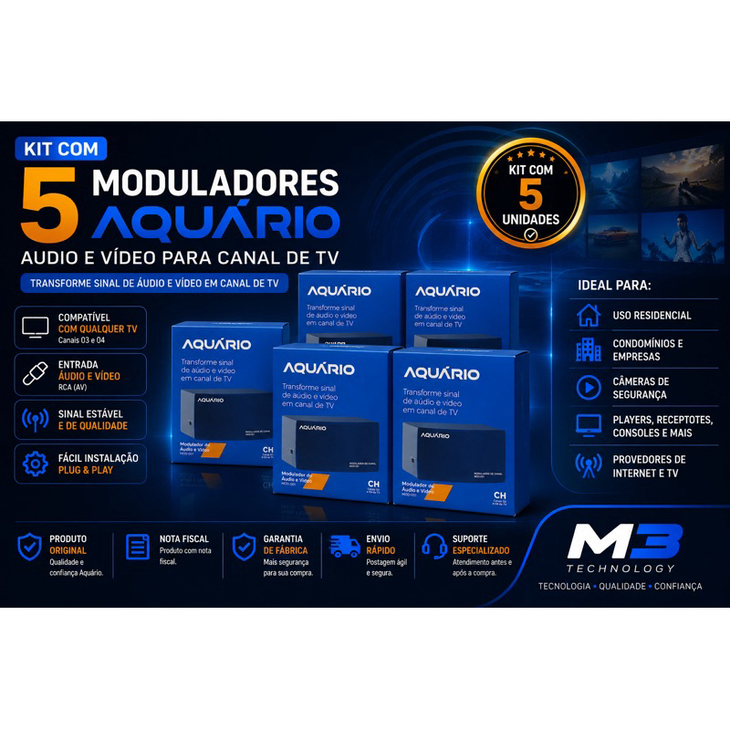 Kit 5 Moduladores de Áudio e Vídeo Aquário MOD-001 Canal 3 e 4 TV Conversor RCA AV para RF