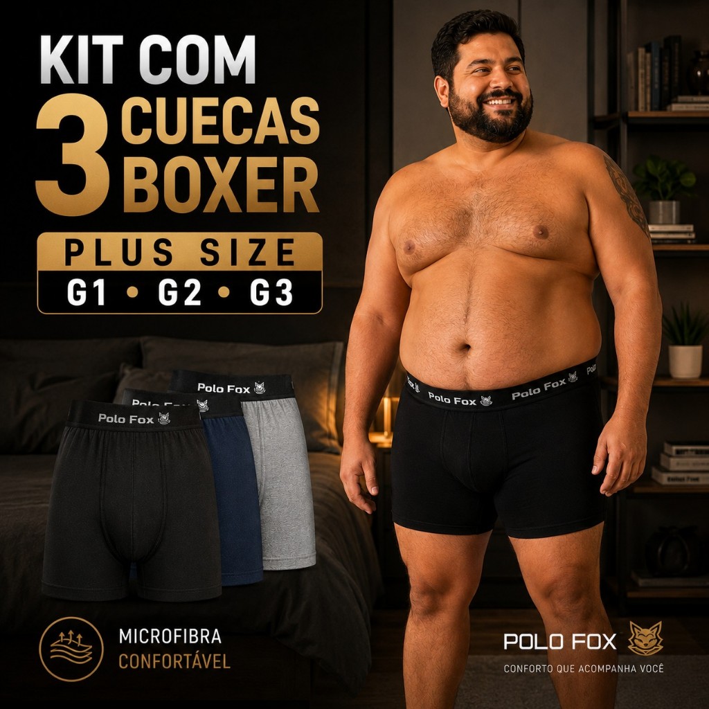 Kit 3 Cuecas Boxer Masculinas Plus Size Polo Fox Extra Grande G1 G2 G3
