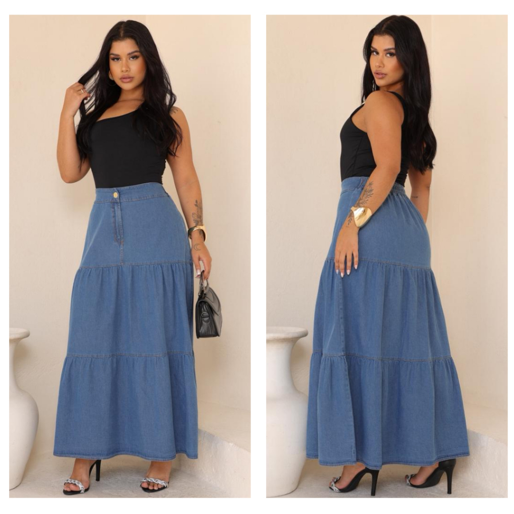 Saia Longa Jeans Cintura Alta Moda Evangélica Modesta Três Marias com Elástico nas Costas