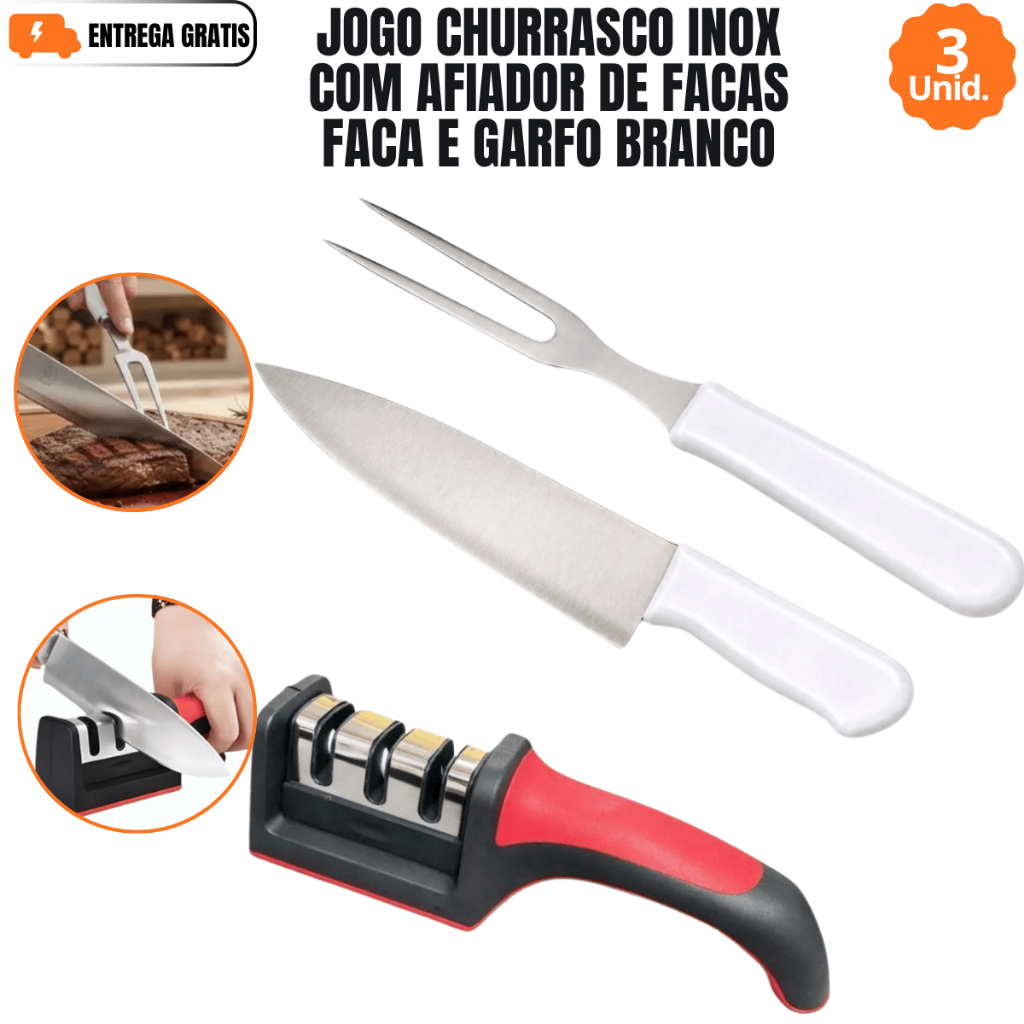 Jogo Churrasco Inox Com Afiador De Facas Faca E Garfo Branco