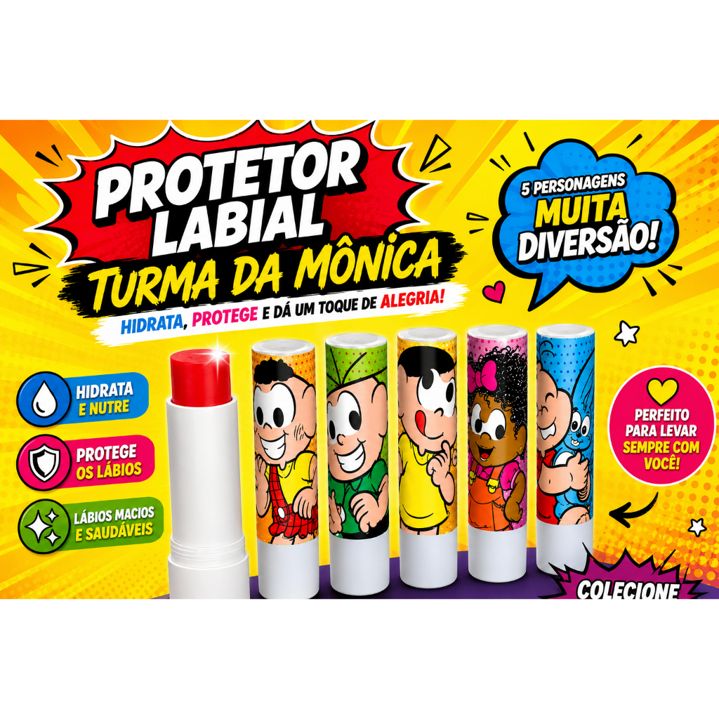 Lip Balm Brilho labial Turma da Mônica – Kit com 5 Cores