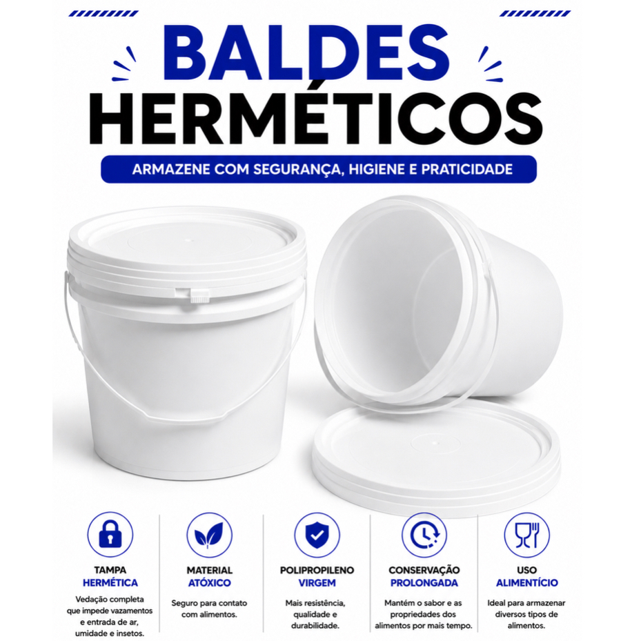Kit 3 Balde Plástico Atóxico Alimentício 3,6L Tampa Hermética Não vaza e Protege tinta graos óleo