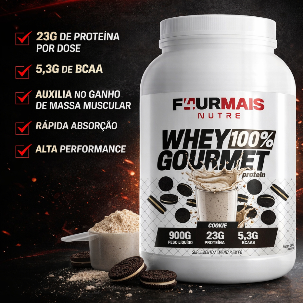 Whey Protein 100% Gourmet 900g F4URMAIS – 23g Proteína + 5,3g BCAA – Sabor Cookies - Alta Performance
