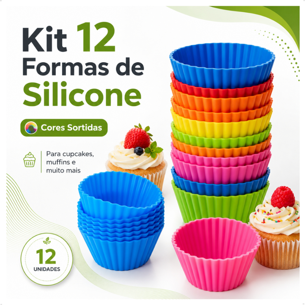 Kit 12 Forminhas De Silicone Cupcake Muffin Mini Bolo Pudim Airfryer Forno Antiaderente Redonda Colorida