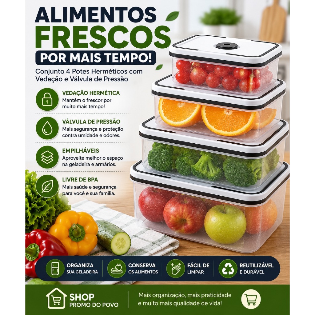 Conjunto 4 Potes Herméticos Plástico com Tampa e Vedação | Empilháveis | BPA Free | Organização para Geladeira e Cozinha