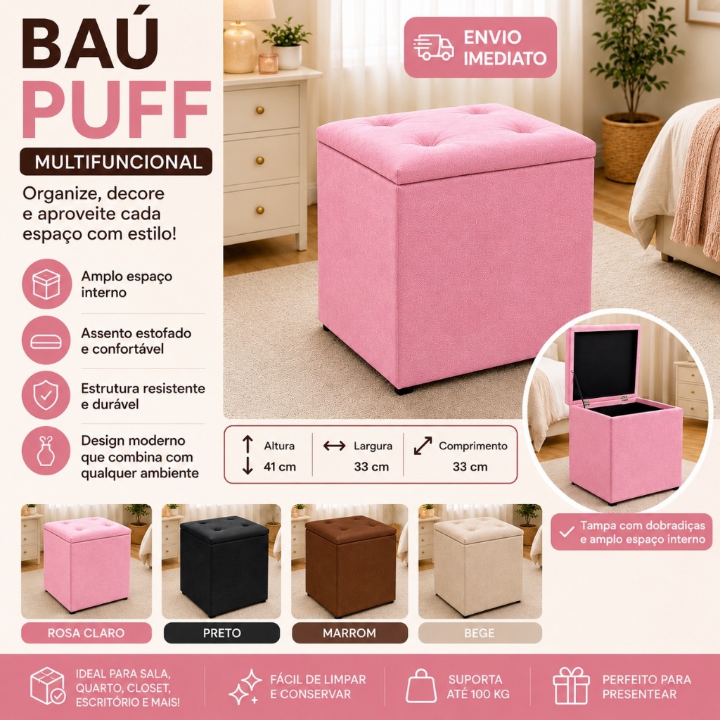 Puff Baú Organizador Decorativo Assento Estofado Multiuso Quarto Sala Closet Penteadeira Universo dos Puffs