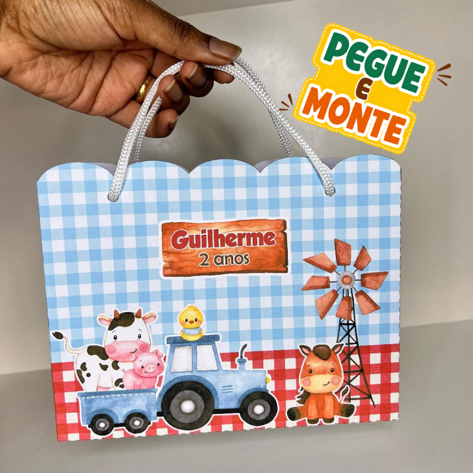 Sacolinha FAZENDINHA AZUL E VERMELHO Tamanho 18,5cm x 15,5cm Aniversário infantil -  PEGUE E MONTE