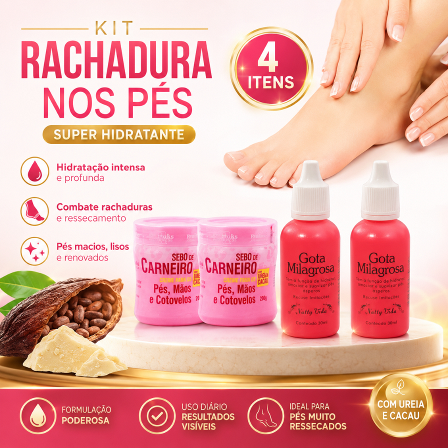 Kit Rachadura nos Pés 2 Gota Milagrosa + 2 Sebo de Carneiro - Pés e Mãos Super Hidratante (4 Itens)