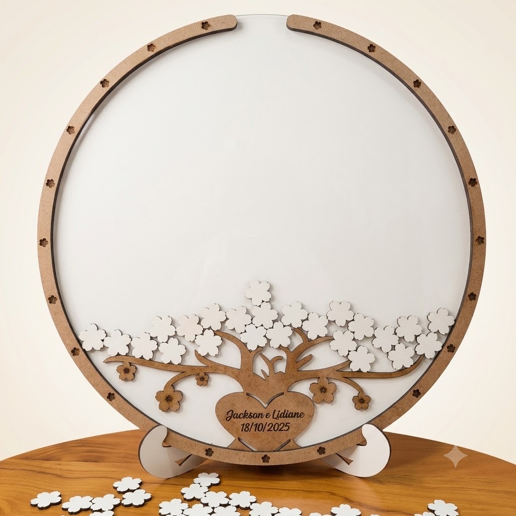 Quadro de Assinaturas Casamento e Aniversário Redondo Árvore e Flores