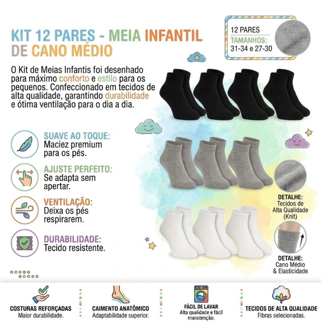 Kit 12 Pares de Meias Trifil Cano Médio Infantil Kids Escolar Algodão Macio Menino Menina Trifil