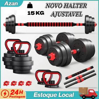 Kit Academia em Casa 15kg Halteres Ajustáveis,Inclui Barra Longa e Presilhas de Segurança