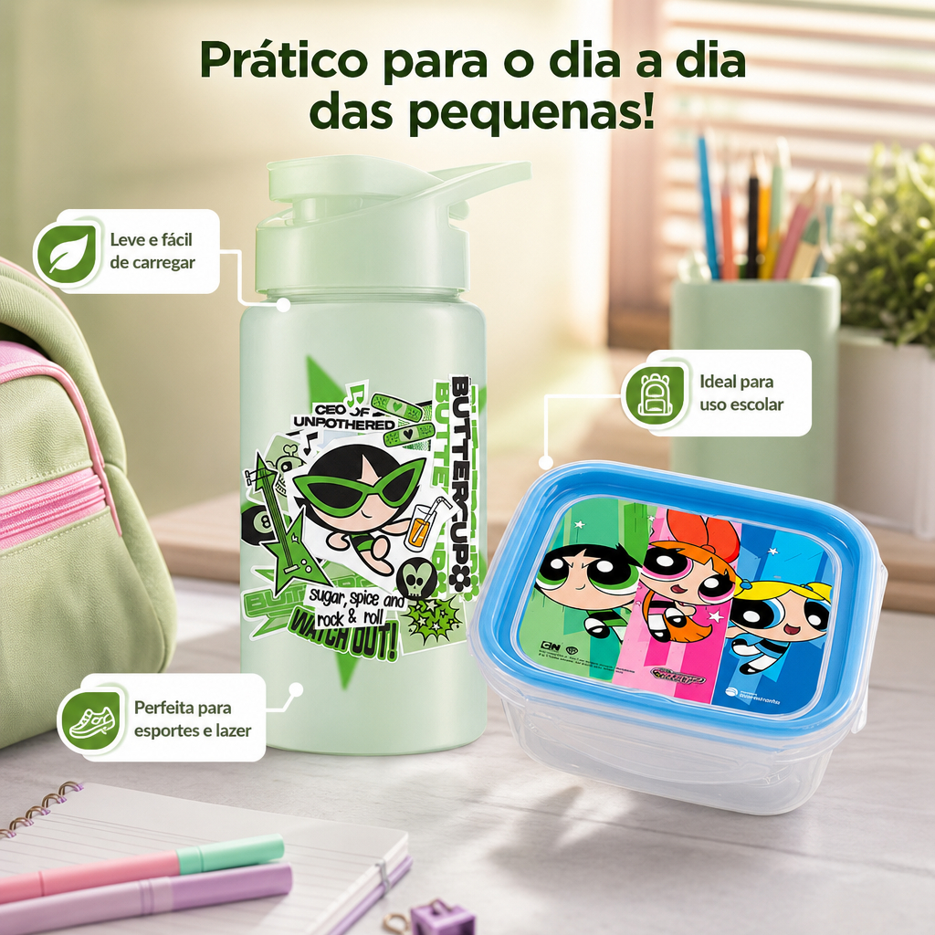 Detalhes do Garrafinha De Água Squeeze e Pote Meninas Super Poderosas 500ML Plástico Com Tampa Alça Infantil