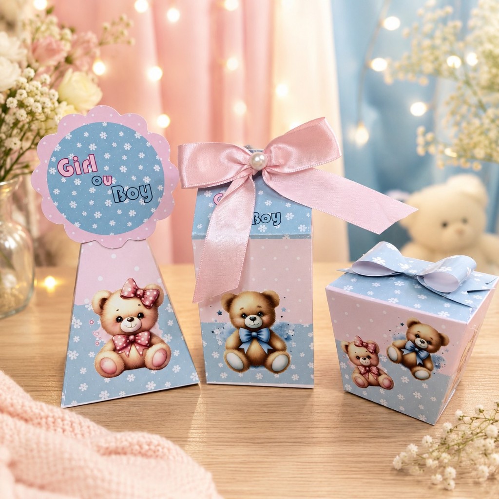 Personalizados Tema Chá Revelação Ursinhos Azul e Rosa | Kit Festa Pegue e Monte | Caixinhas p/ Montar em Casa