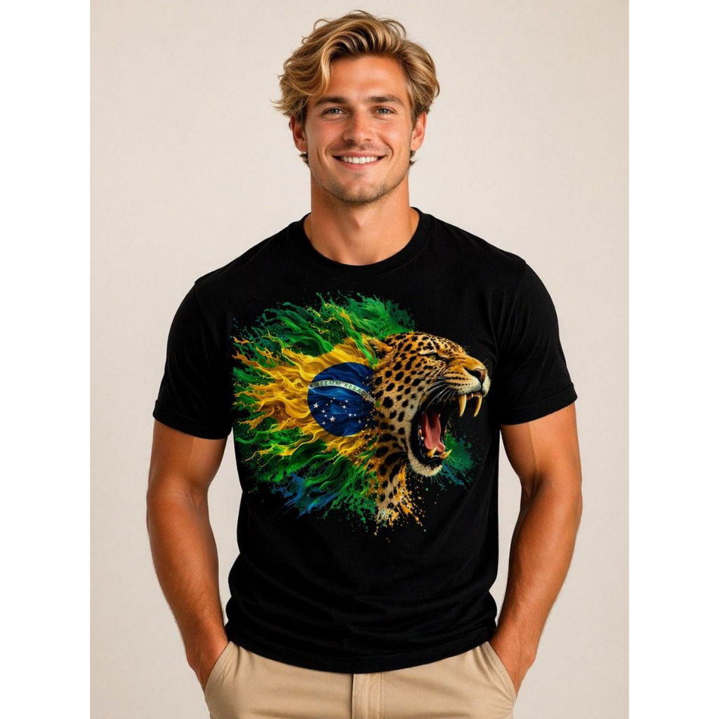 Camiseta Onça Brasil Masculina Copa 2026 Camisa Seleção Brasileira Animal Selvagem Verde Algodão Casual Streetwear