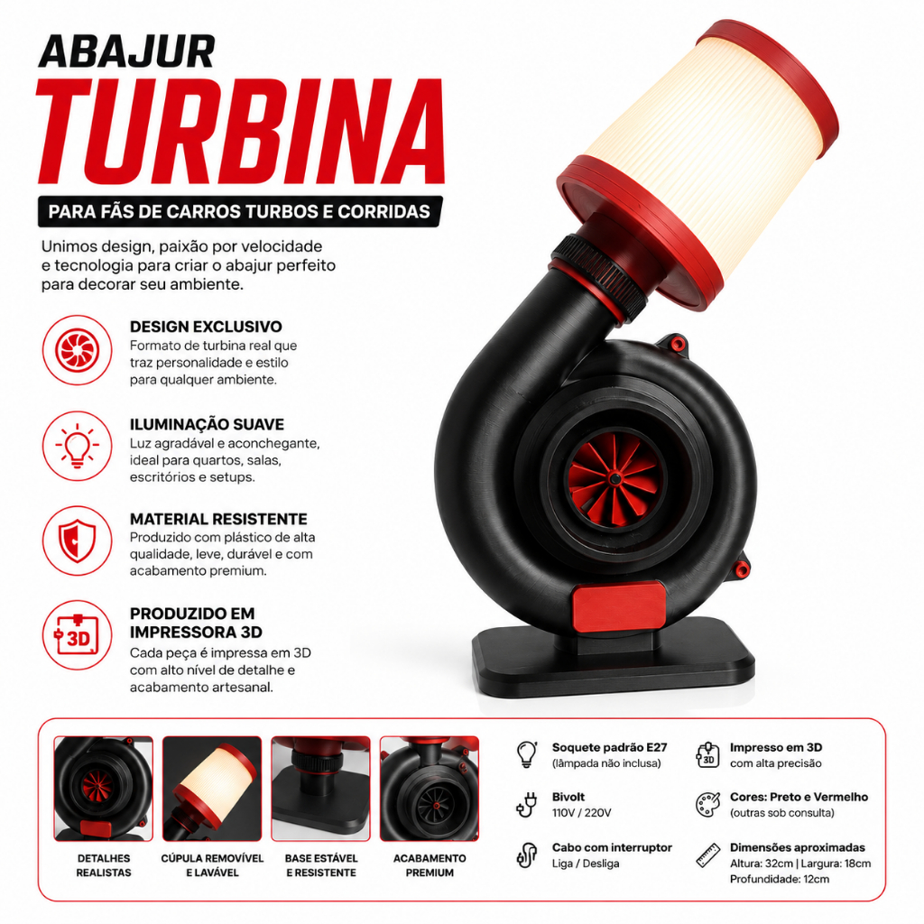 Abajur Luminária Com Lapada - Turbina Automotiva IMP.3D