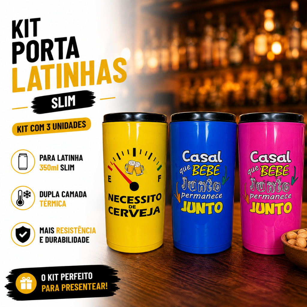 3 Porta Lata Sleek 350ml Suporte Cerveja Térmico Camisinha Personalizados