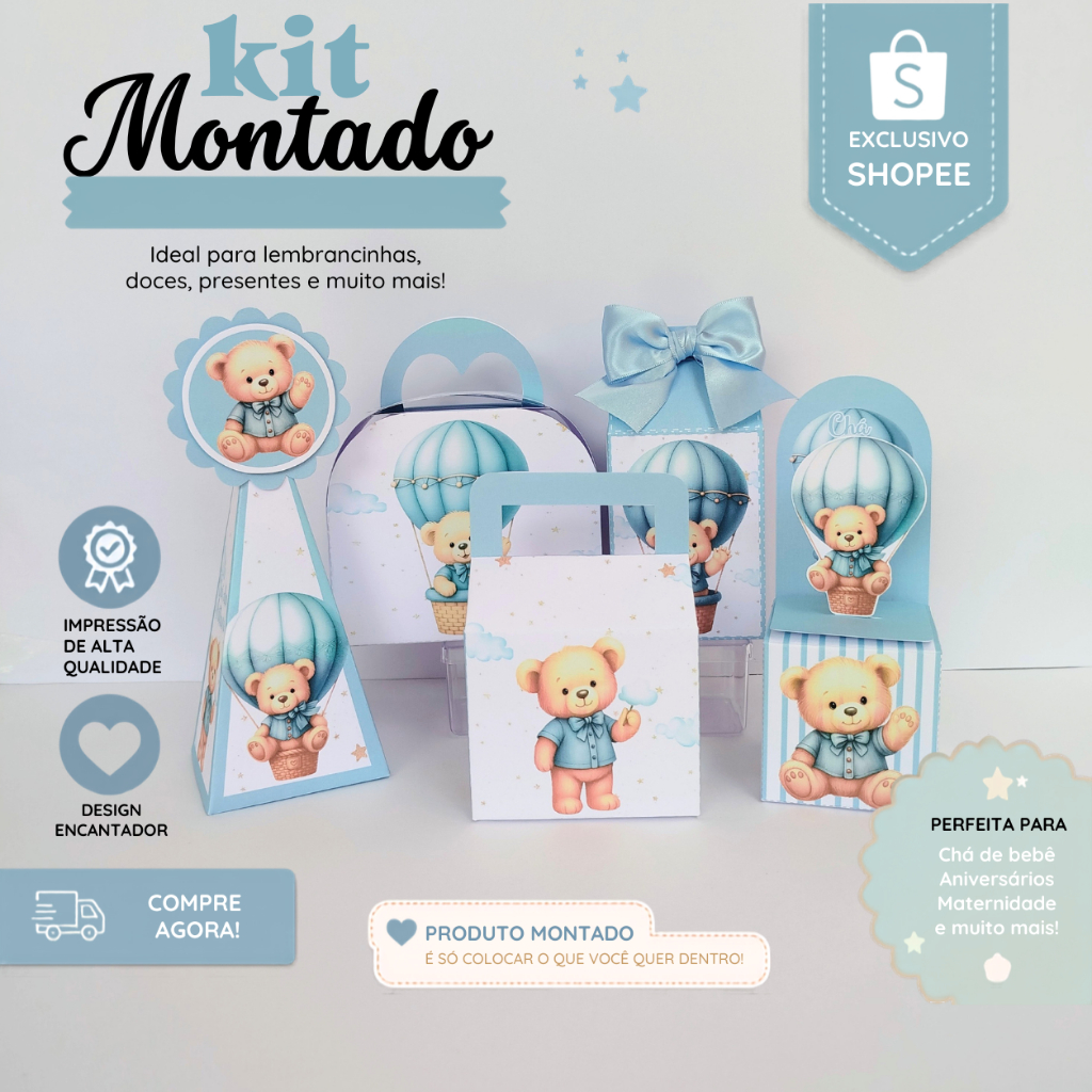 Kit Lembrancinhas Chá de Bebê Ursinho Azul – Caixa Milk, Sacolinha, Pirâmide e Cubo Personalizados | Festa Menino, mimos