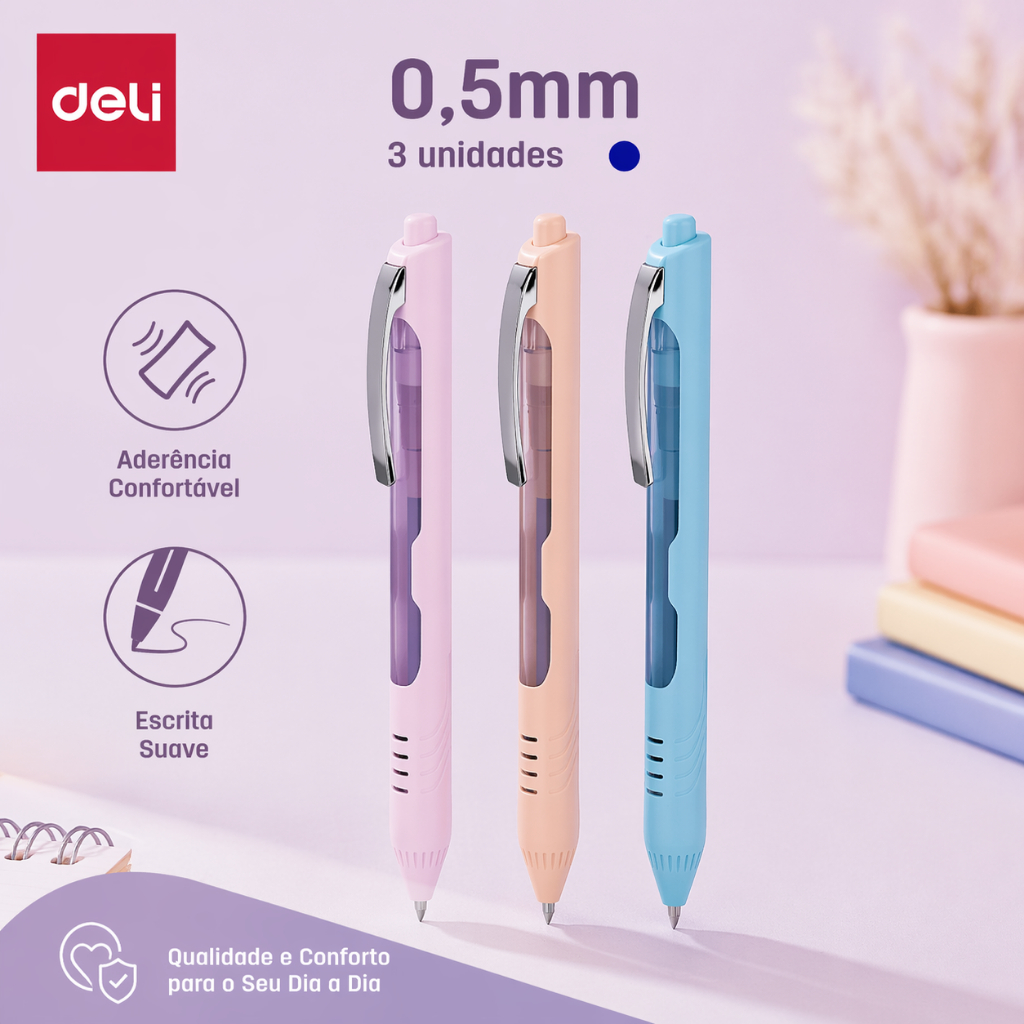 Kit 3 Canetas esferográficas retrátil 0,5mm azul Deli Grip Confortável Escritório Escola