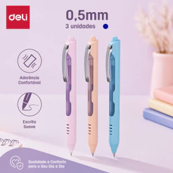 Kit 3 Canetas esferográficas retrátil 0,5mm azul Deli Grip Confortável Escritório Escola