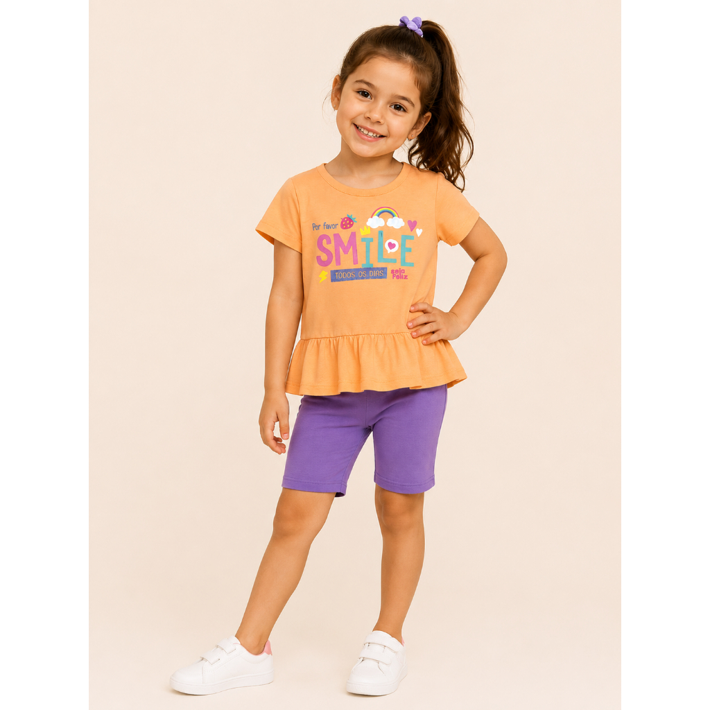 Conjunto Infantil Feminino Blusa Peplum Estampas + Bermuda em Algodão – Confortável e Estiloso