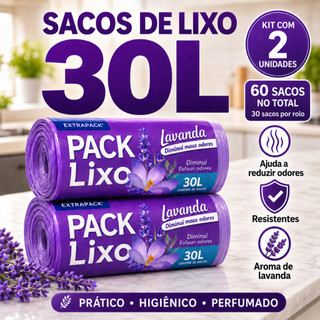 Kit 2 Saco De Lixo 30L Perfumado Lavanda Neutra Odores Reforçado 59x62