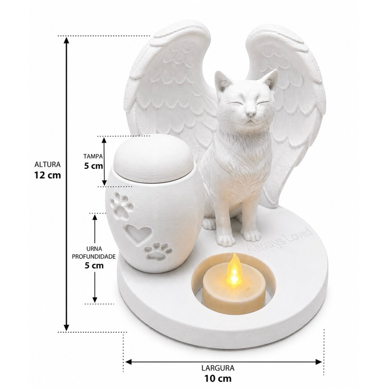 Urna Pet Gato Memorial com Asas | Urna Cinzas Pet Cachorro e Gato Lembrança Eterna Saudade Acompanha Vela Led — imagem 2 de 2