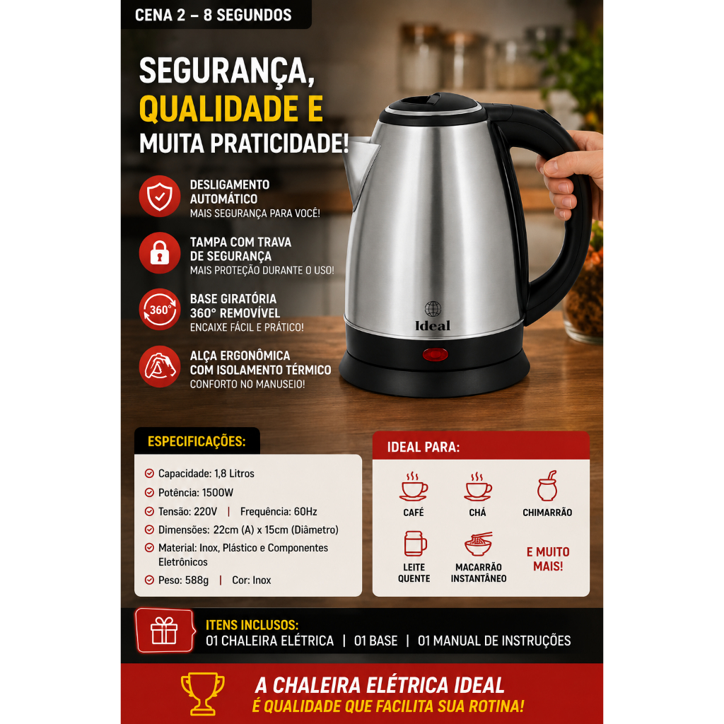 Chaleira Eletrica Inox Capacidade 1.8 Litros Potente 1500w 220v Aquecimento Rapido