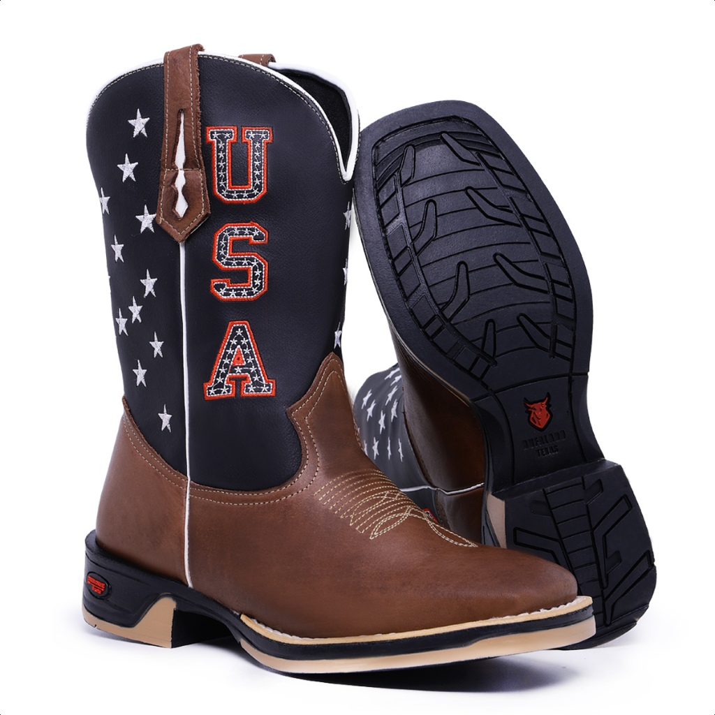Texana Masculina Bota Country Bordado Usa Bandeira Americana Sola Jumper Bico Quadrado Cano Medio Tx