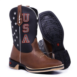 Texana Masculina Bota Country Bordado Usa Bandeira Americana Sola Jumper Bico Quadrado Cano Medio Tx