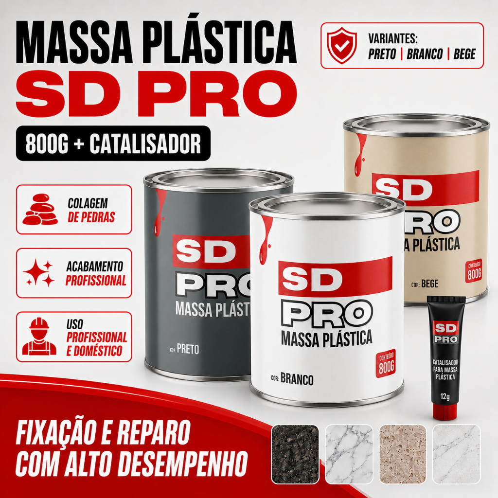 Massa Plástica SD PRO Branco Preto Bege 800g Com Catalisador Cola Granito Mármore Pedras