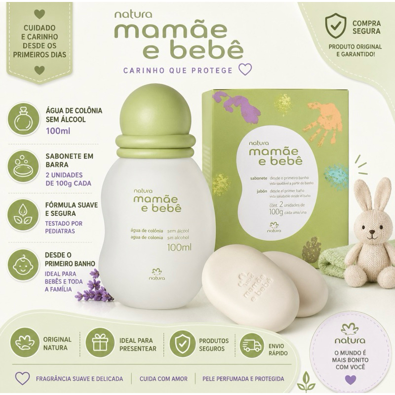 Kit Natura Mamãe e Bebê Água de Colônia Sem Álcool 100ml + Sabonete em Barra 2x100g Original