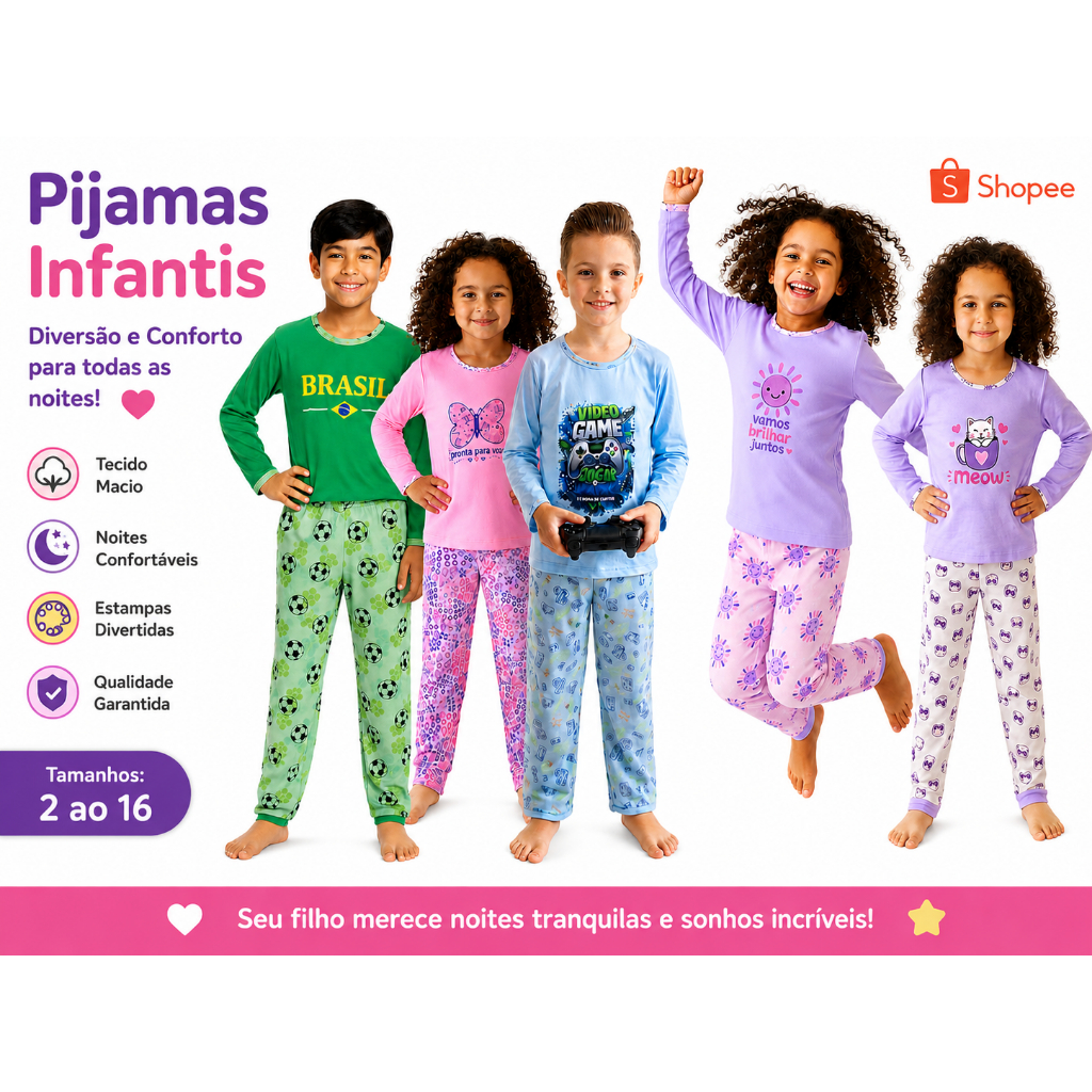 Pijama Infantil Inverno Longo 100% Algodão - Menina e menino 2 ao 16 - Várias Cores
