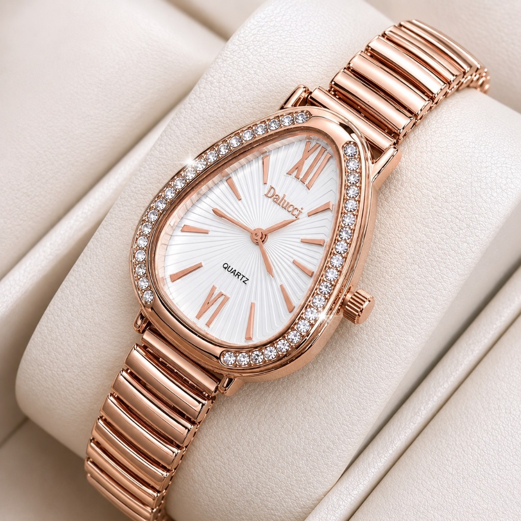 Relógio Feminino de Luxo Oval c/ Pedraria Pulseira Cobra Flexível Dourado Gota Pedras Cristal Rica