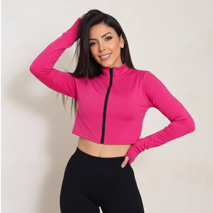 Casaco cropped casaquinho Fit Ziper Academia Blusa Treino Feminino Térmico Proteção Termica UV 50+