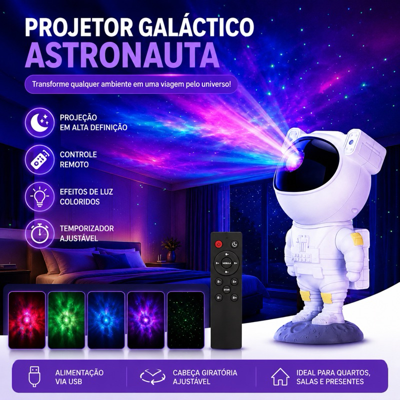 Projetor Luz Led Astronauta Galáxia Estrelas Nebulosa Iluminação Noturna Luminária Lâmpada Divertida Controle USB