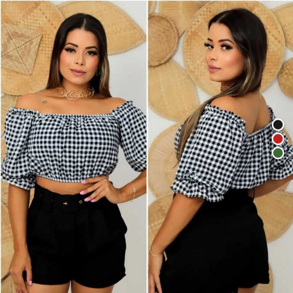 Blusa Ciganinha Cropped Xadrez Ombro a Ombro Manga Blusinha Ciganinha