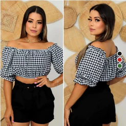 Blusa Ciganinha Cropped Xadrez Ombro a Ombro Manga Blusinha Ciganinha