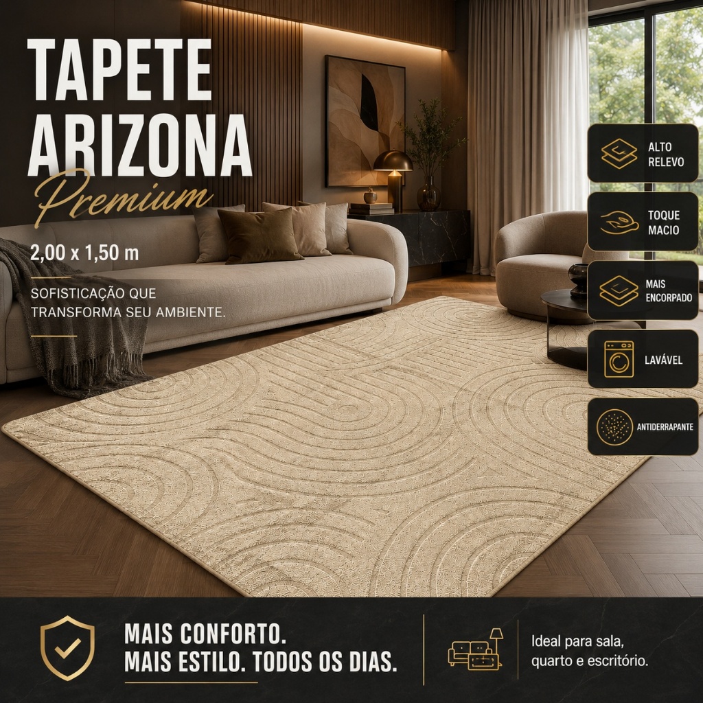Tapete Premium Bege 2,00x1,50 Sala Quarto Escritório Alto Relevo Macio Antiderra