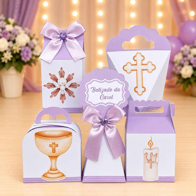 Kit Festa Batizado Lilas Caixinhas para festa infantis lembrancinhas de aniversario mimos decoração personalizados