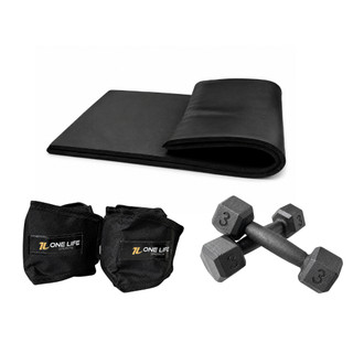 Kit Academia com Colchonete 90x40x3cm, Halteres Sextavados 3kg e Caneleiras 3kg para Treino de Força em Casa