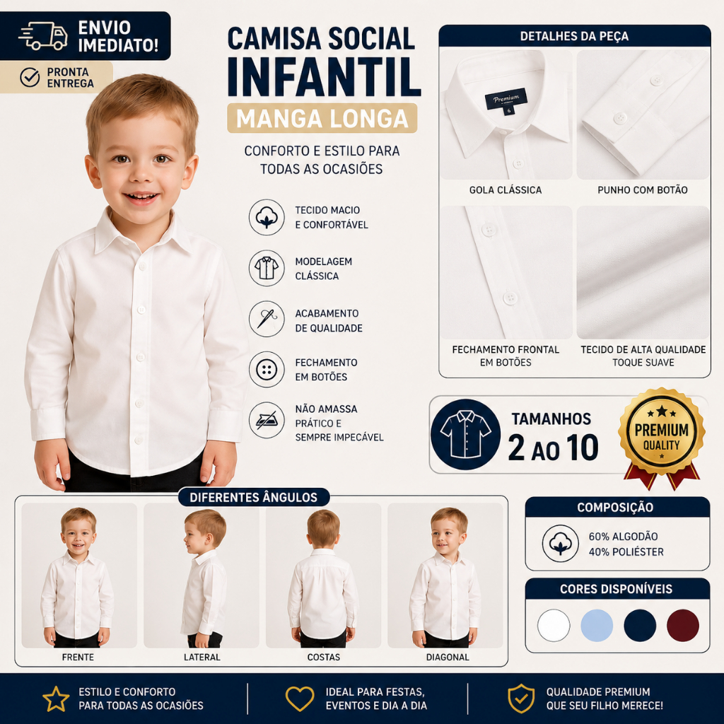 Camisa Social Infantil Menino Manga Longa Elegante Não Amassa Tam 2 ao 10 ENVIO IMEDIATO !!!