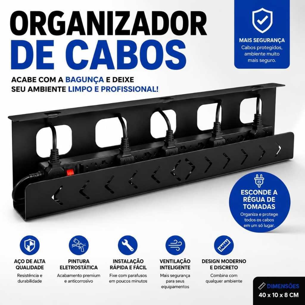 Organizador De Cabos Debaixo Mesa Fios Régua Tomadas 40 Cm