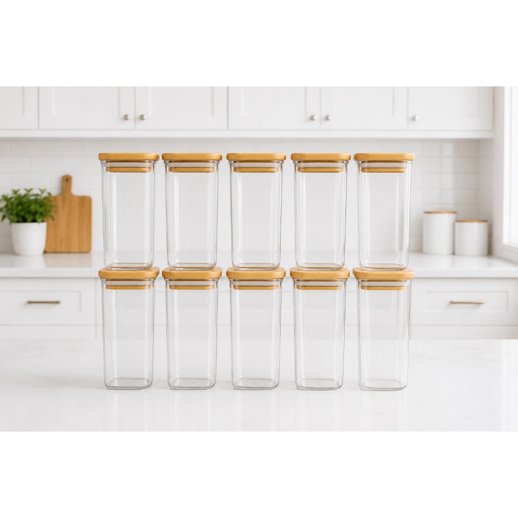 Pote Hermético 500 ML Quadrado Tampa Bambu Porta Mantimentos Organizador Cozinha Transparente