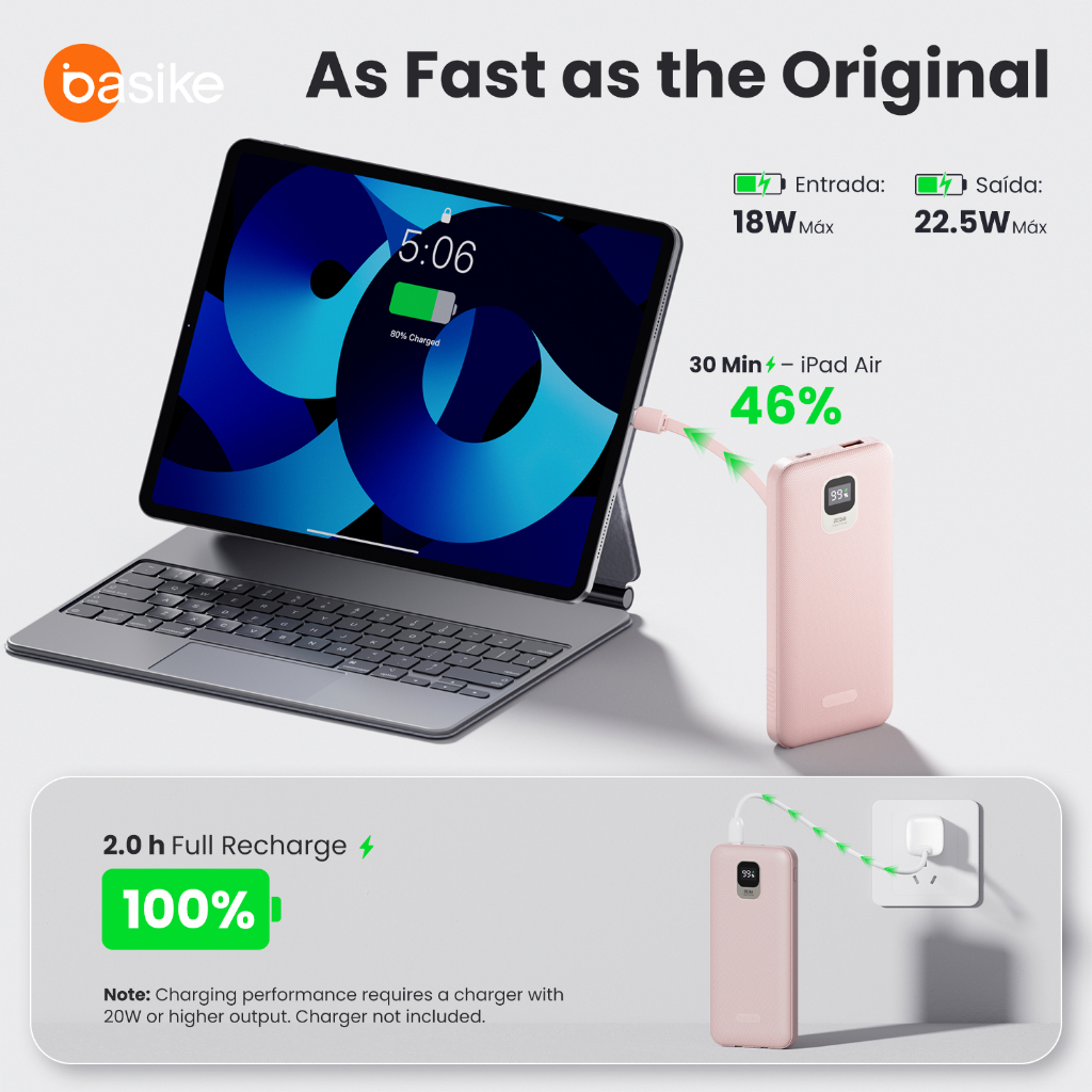 Power Bank Basike 20000mAh com Cabo e Display Digital Rosa — foto 7