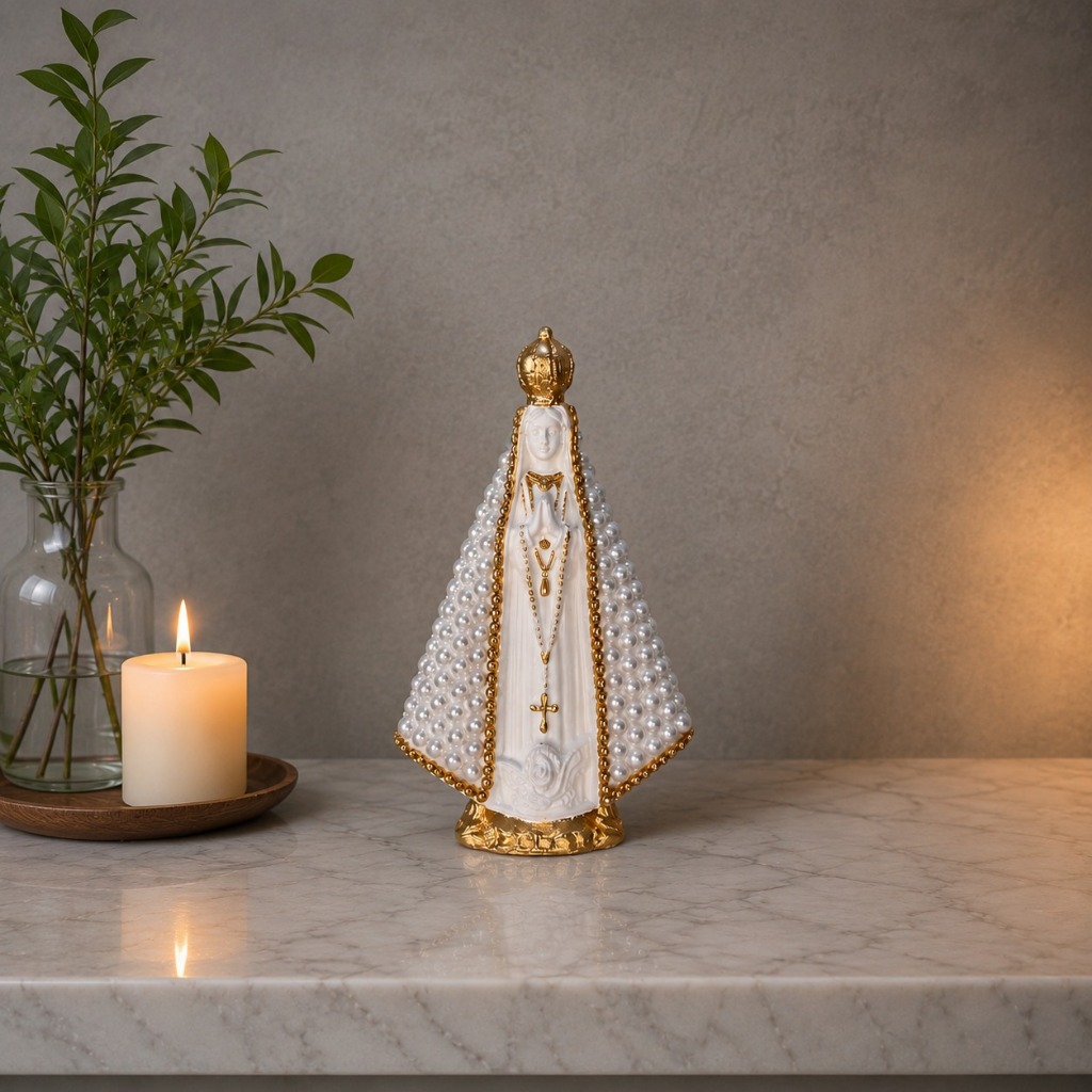 Imagem Nossa Senhora Aparecida Perolado 15cm Gesso Artesanal Rica em Detalhes Acabamento Premium Decoração Religiosa