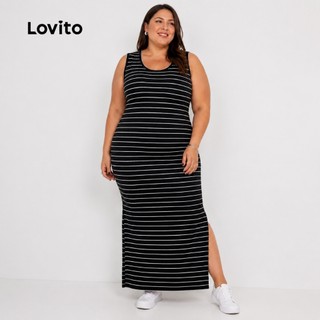 Lovito Plus Size Vestido Midi Listrado Feminino Regata Canelado DRB1043BRL1073