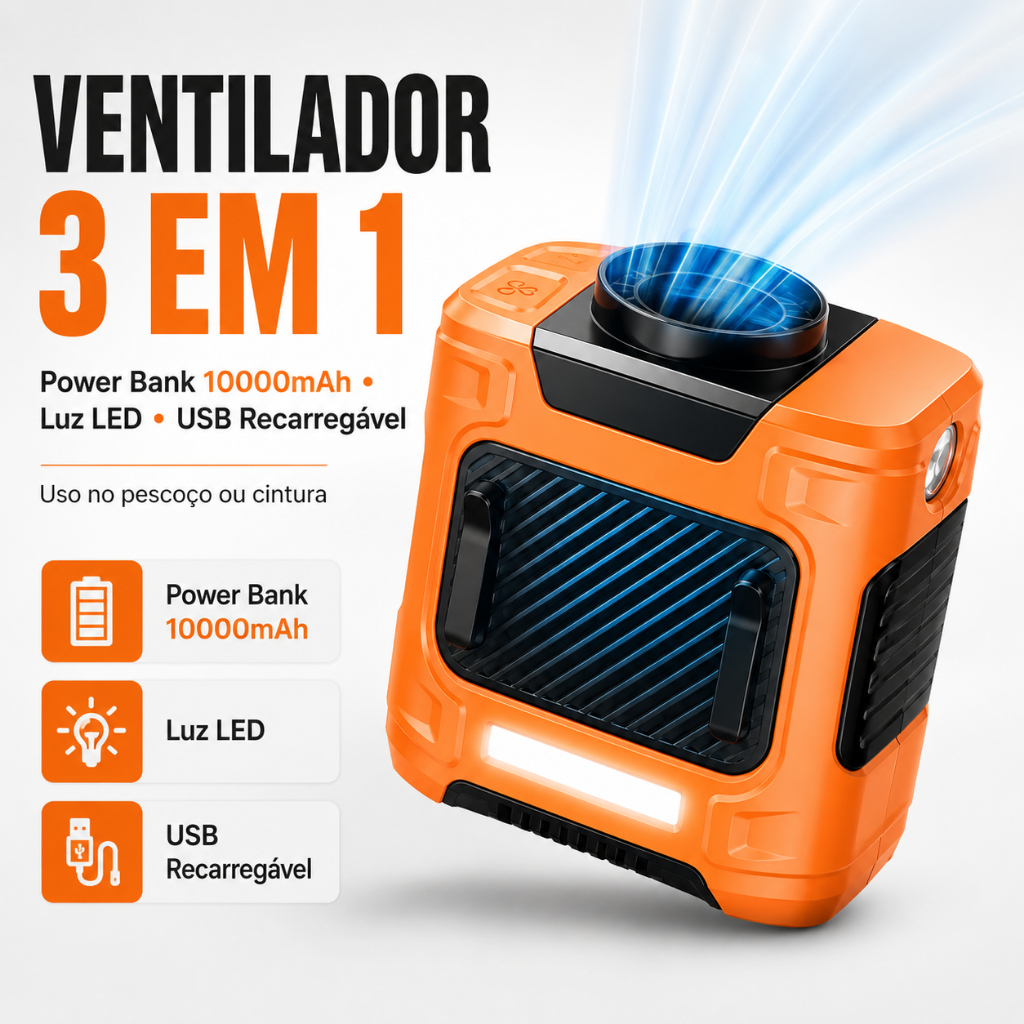 Ventilador Portátil 3 em 1 Power Bank 10000mAh USB Recarregável Luz LED Pescoço Cintura Camping